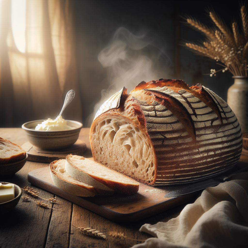 A beautifully crafted loaf of 100% whole wheat sourdough bread, with a crisp, golden-brown crust and intricate scoring, is freshly sliced to reveal its soft, airy interior, steam gently rising from the warm slice. The background features a rustic kitchen setting, softly blurred to keep the focus on the bread, enhanced by the warm, inviting light filtering through a nearby window, casting gentle shadows on the wooden countertop. Complementary elements, such as a small dish of creamy butter and a sprig of fresh herbs, add depth and warmth to the scene, enhancing the wholesome feel of homemade baking.