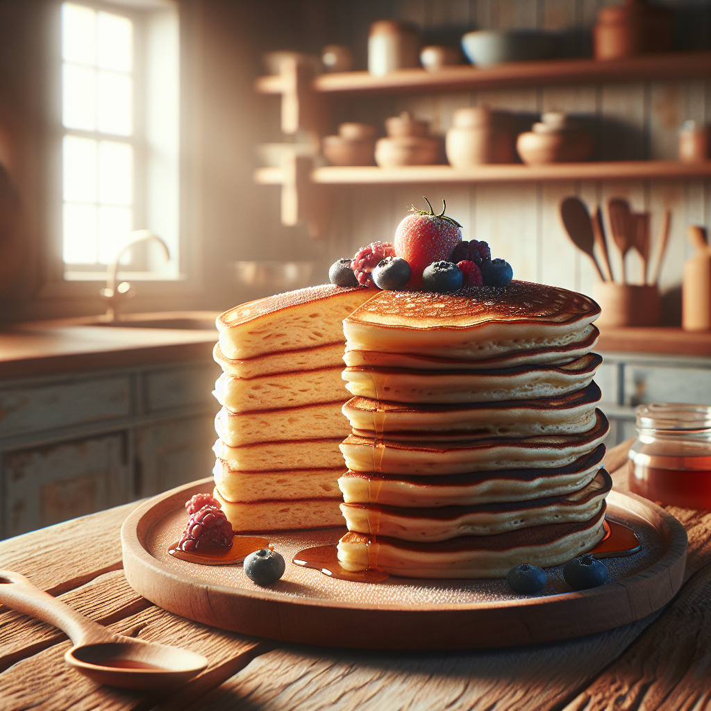 Close-up of deliciously fluffy 3-ingredient healthy pancakes stacked high on a rustic wooden plate, with a slice cut out to reveal their soft, airy interior. The kitchen setting features a softly blurred background, showcasing warm, out-of-focus cabinets and utensils, enhancing the homey vibe. Natural light streams in from a nearby window, casting gentle shadows and highlighting the pancakes' golden-brown texture, complemented by a drizzle of maple syrup and a few fresh berries scattered around for a pop of color.