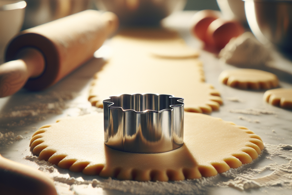 A shiny stainless steel 3-inch round cookie cutter slices through pale sugar cookie dough on a floured marble countertop. Soft natural light streams in from the left, illuminating the scene with a warm glow, while a blurred kitchen background showcases glass jars of colorful sprinkles and a rolling pin.