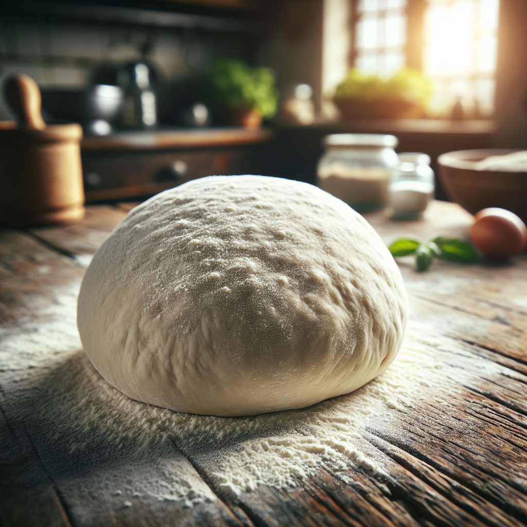 A close-up of freshly kneaded 72-hour pizza dough resting on a rustic wooden countertop, dusted with a light sprinkle of flour, revealing its soft, airy texture and small bubbles. In the softly blurred background, a cozy home kitchen can be seen, illuminated by warm, natural light coming from an open window, with various kitchen utensils and a bowl of fresh herbs complementing the scene. The inviting atmosphere highlights the craftsmanship behind the dough and evokes the anticipation of baking delicious homemade pizza.