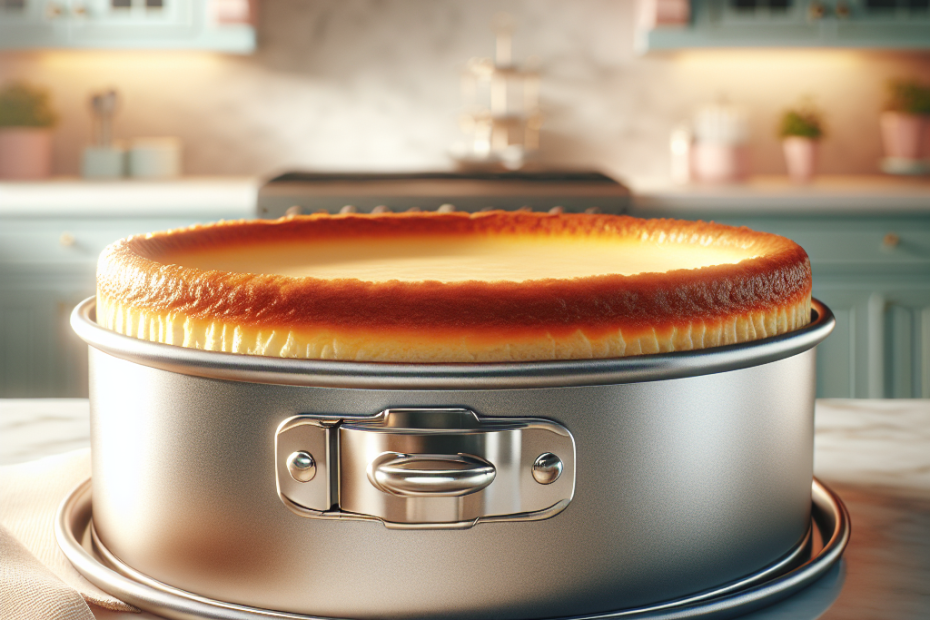 A shiny 8-inch springform pan filled with a golden, perfectly baked cheesecake, its sides just released from the pan, sitting on a marble countertop. Soft, warm kitchen lighting highlights the pan's metallic surface and the creamy texture of the cheesecake, with a blurred background of pastel-colored kitchen cabinets.