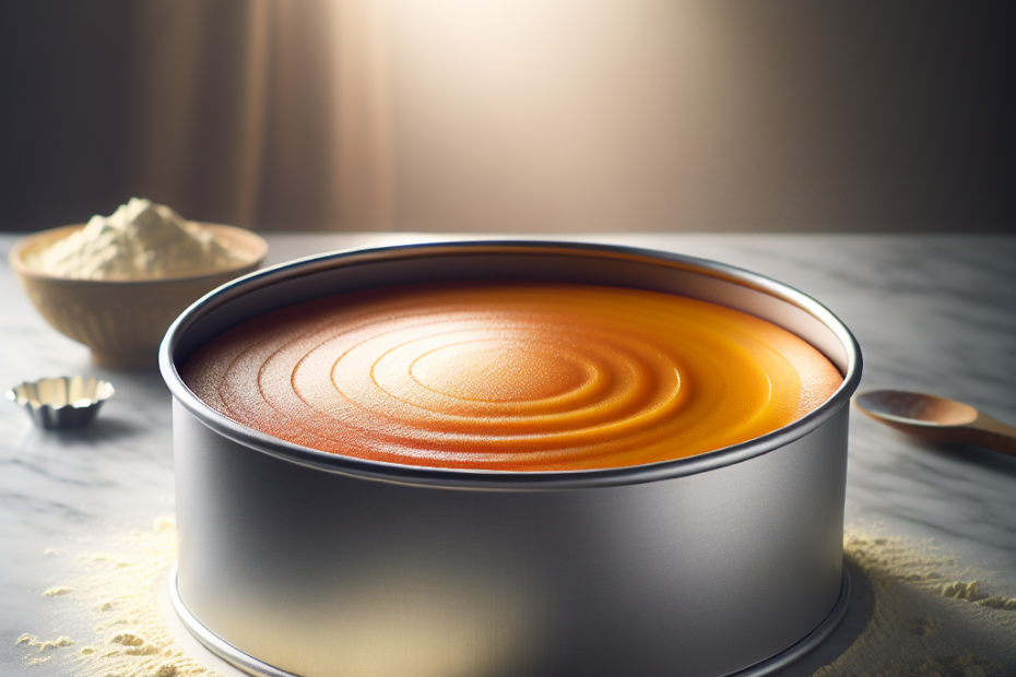 A shiny 9-inch round cake pan filled with freshly poured golden cake batter, resting on a marble countertop. Soft natural light streams in from the left, highlighting the pan's smooth metallic surface and the creamy texture of the batter, while a dusting of flour and a wooden spoon blur softly in the background.