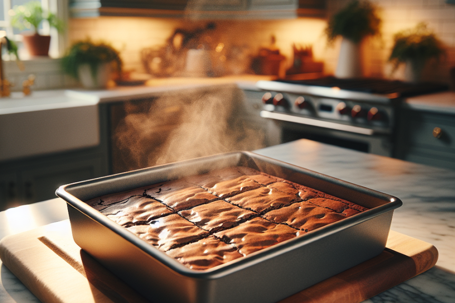 A 9-inch square baking pan filled with freshly baked golden-brown brownies, steam gently rising, resting on a marble countertop. Soft, warm kitchen lighting highlights the pan's edges and the rich texture of the brownies, with a slightly blurred background of a cozy home kitchen.