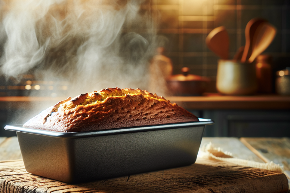 A 9x5-inch loaf pan filled with freshly baked banana bread, steam rising gently, resting on a wooden cutting board. Soft kitchen lighting highlights the golden-brown crust, with a blurred background of a cozy home kitchen counter, warm and inviting.