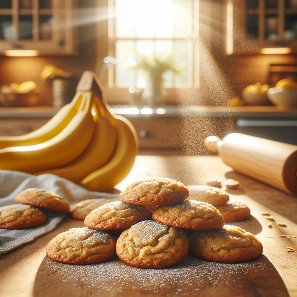 A close-up of warm, freshly baked allergy-friendly banana cookies, showcasing their soft, golden-brown exterior with a slight dusting of powdered sugar, some cookies slightly cracked to reveal the moist, tender inside. The background is a softly blurred, sunlit home kitchen with wooden cabinets and a rustic countertop, enhancing the cozy atmosphere. Warm, inviting light streams in from a nearby window, highlighting the textures of the cookies and the fine details of a rolling pin and a bunch of ripe bananas casually placed beside them.