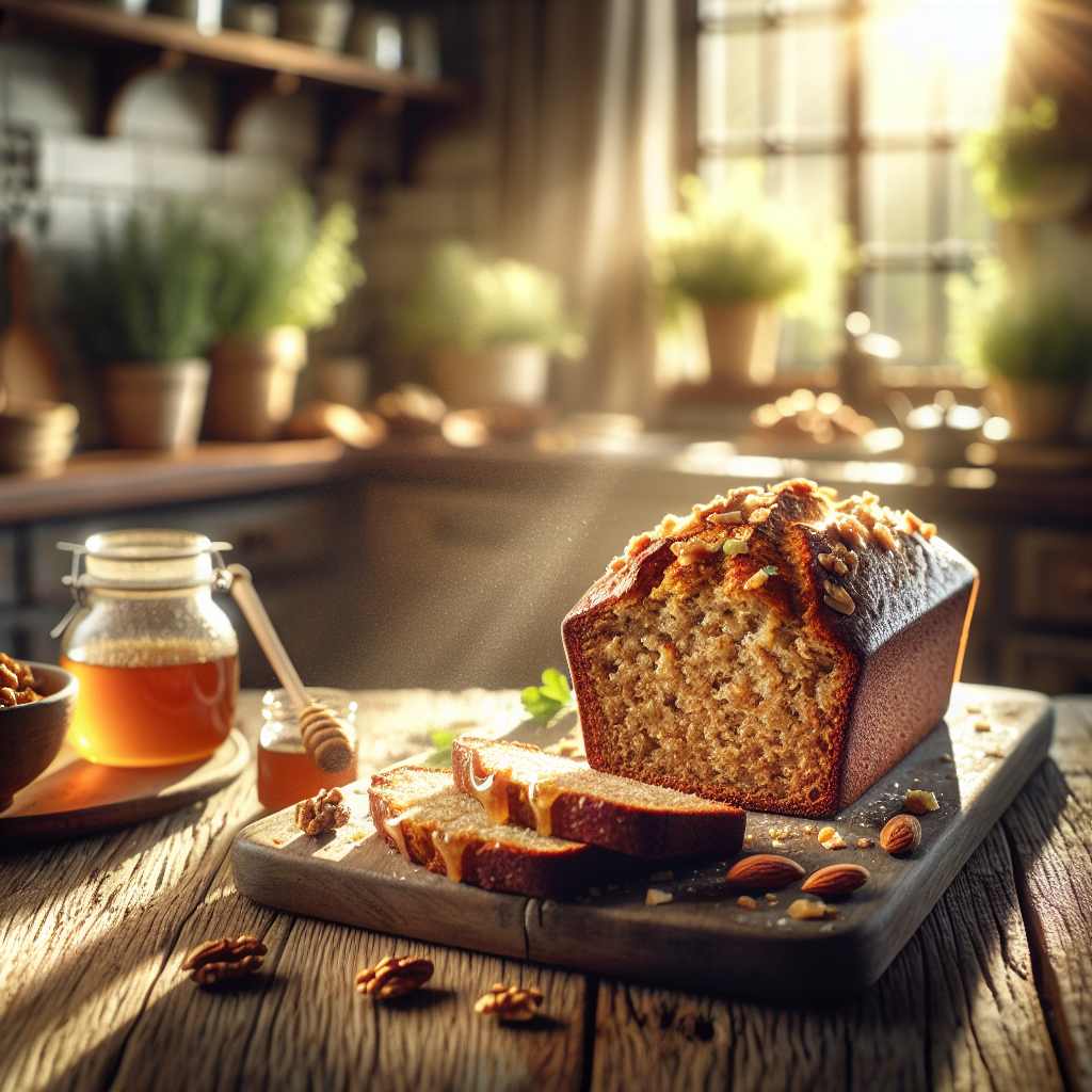 A freshly baked Almond Flour Banana Bread, sliced to reveal its moist, flavorful interior, sits on a rustic wooden cutting board, invitingly topped with a light drizzle of honey and a sprinkle of chopped walnuts. In the softly blurred background, a cozy kitchen adorned with potted herbs and sun-drenched windows adds warmth and charm, while natural light casts a gentle glow on the bread, enhancing its golden-brown crust. The scene is imbued with a welcoming atmosphere, with a subtle hint of steam rising from the freshly cut loaf, evoking the comforting essence of home-baked delights.