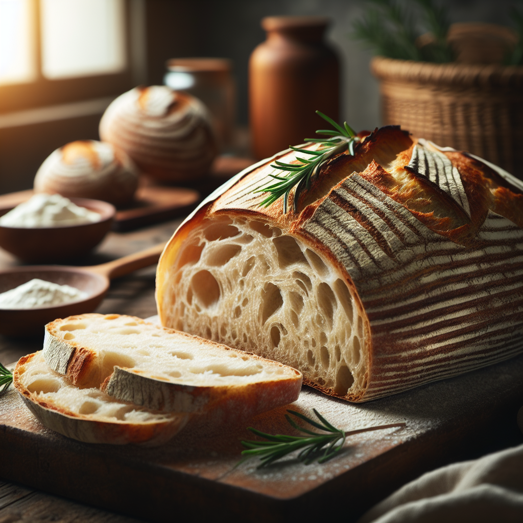 A close-up of a rustic artisan sourdough bread loaf, beautifully sliced to reveal its airy, chewy interior with a golden crust dusted with flour. The background features a softly blurred, warm home kitchen setting, with wooden countertops and baking utensils subtly out of focus. Natural light streams in from a nearby window, creating a cozy atmosphere that highlights the bread's texture and warmth, while a few sprigs of fresh rosemary add a touch of color and earthiness.