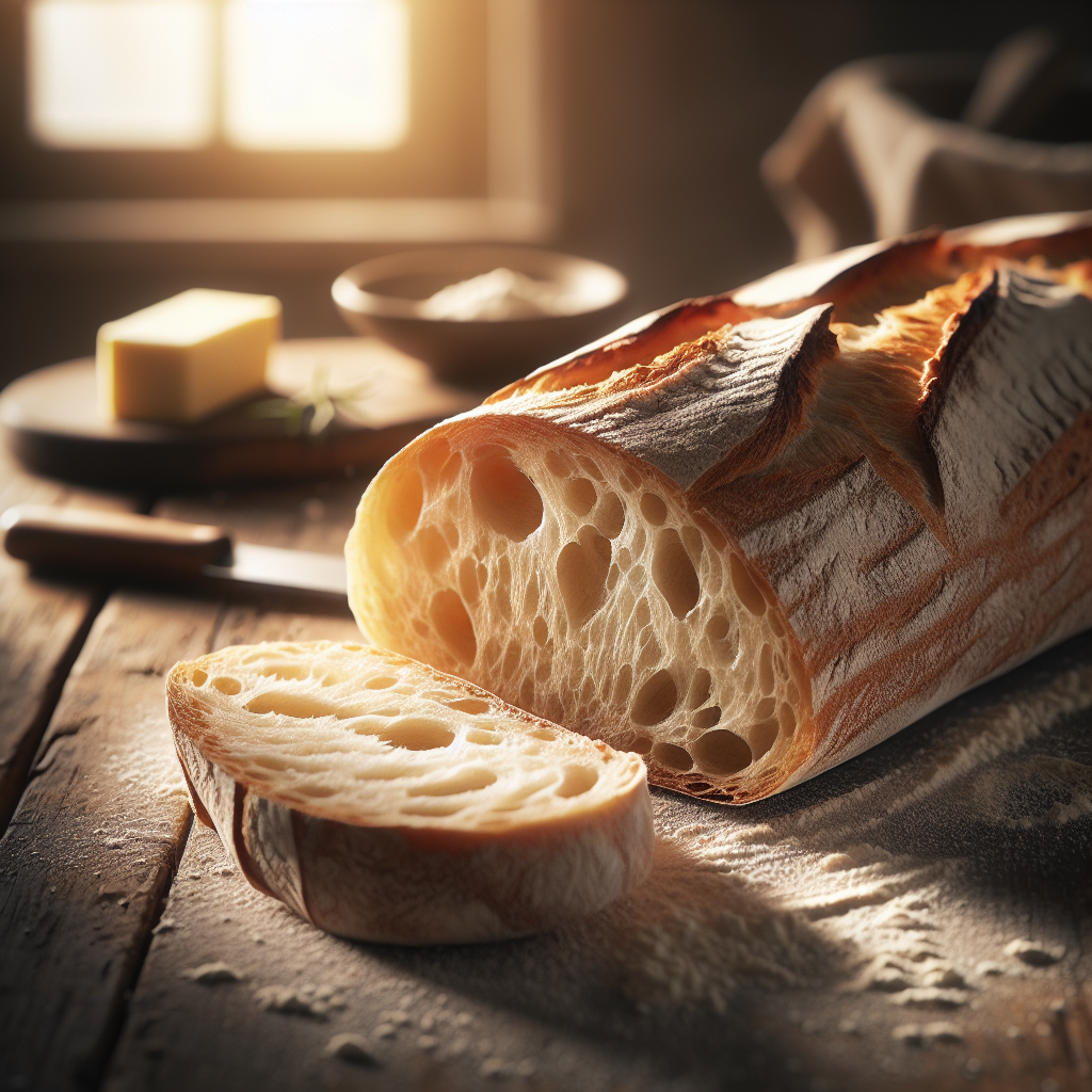 A close-up of an authentic baguette, freshly sliced to reveal its airy, soft interior with a golden, crispy crust. The scene is set in a warm, home kitchen with a rustic wooden countertop, with the background softly blurred, highlighting the baguette. Natural light filters through a nearby window, casting gentle shadows and enhancing the textures of the bread and surrounding flour dust, while a small dish of butter and a sprig of rosemary add an inviting touch.