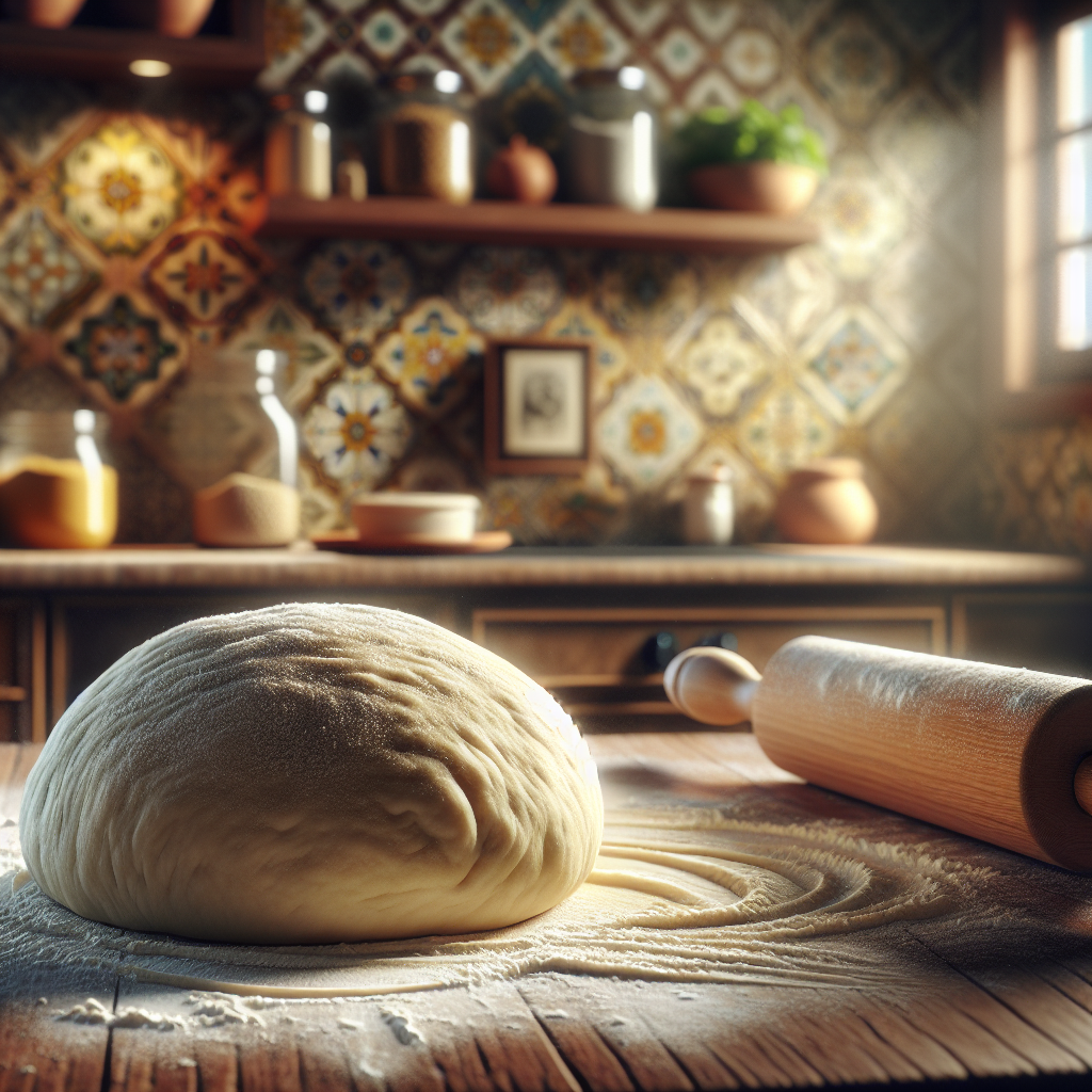 A close-up of authentic Italian pizza dough, freshly kneaded and resting on a wooden countertop, showcasing its smooth texture and tiny bubbles indicating perfect fermentation. The background features a softly blurred home kitchen with rustic tiles and wooden shelves lined with jars of ingredients. Warm, natural light streams in from a nearby window, casting gentle shadows and enhancing the rich color of the dough, while a dusting of flour and a rolling pin add depth to the scene.