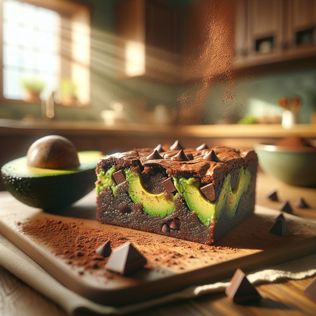 A close-up shot of a freshly cut slice of rich, fudgy avocado brownies, revealing a moist, dense interior dotted with chocolate chips. The background features a softly blurred, cozy home kitchen with warm wooden countertops and natural light streaming in from a nearby window, creating an inviting atmosphere. Complement the scene with a few scattered cocoa powder and a small bowl of sliced avocados, enhancing the realism and appeal of this delicious treat.