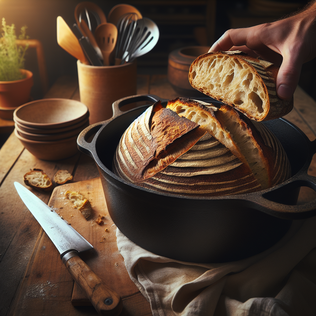 A freshly baked sourdough loaf emerges from a cast-iron Dutch oven, its crust golden brown with a beautifully open crumb visible as a slice is pulled away. In the softly blurred background, a rustic kitchen setting features wooden countertops, a few well-used kitchen utensils, and a hint of fresh herbs in a pot, enhancing the warm homey atmosphere. The warm, natural light spills across the scene, creating inviting shadows and highlighting the texture of the crust, elevating the comforting vibe of homemade bread.