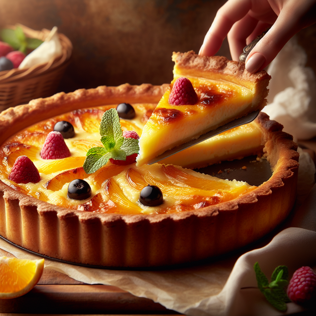 A close-up of a perfectly baked Cheese Fruit Tart, with a golden crust and melted cheese highlighted as a slice is elegantly revealed, showcasing its creamy interior and vibrant fruit topping. The background blurs softly, hinting at a rustic kitchen setting with wooden countertops and earthy tones. Warm, natural lighting bathes the scene, enhancing the tart's rich textures and inviting freshness, while a few freshly picked berries and delicate mint leaves are artfully arranged beside it.