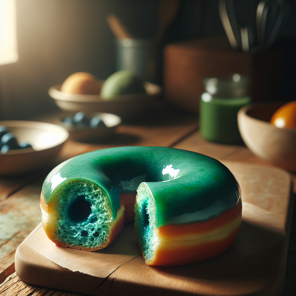 Close-up of a freshly baked donut with a vibrant spirulina glaze, showcasing its light, fluffy texture and a slice revealing the soft interior. Set on a rustic wooden countertop in a warmly lit kitchen, the background is softly blurred, enhancing focus on the donut while hints of baking utensils and a fruit bowl add context. The soft, natural light highlights the glossy glaze and creates a cozy, inviting atmosphere.