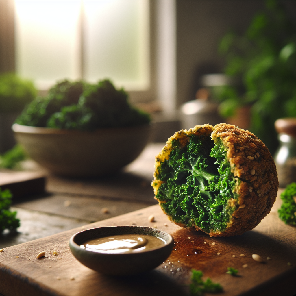 A close-up of a freshly baked kale falafel, golden brown and crisp on the outside, with a tempting, green interior peeking out from a perfectly cut slice, adorned with a sprinkle of sesame seeds. The setting is a modern home kitchen, with soft, natural light streaming in from a nearby window, creating a warm and inviting atmosphere while the background remains out of focus, featuring rustic wooden countertops and fresh herbs. A small bowl of tahini sauce and a sprig of parsley are placed nearby, enhancing the dish's appeal and inviting the viewer to relish the flavors.