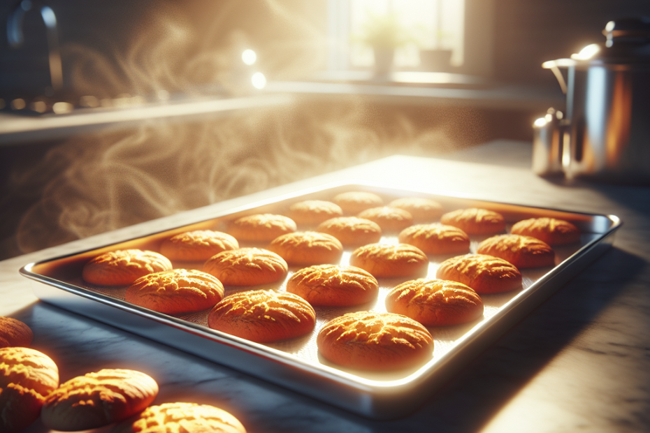 A shiny stainless steel baking sheet filled with golden, freshly baked cookies, resting on a marble countertop. Soft, warm kitchen lighting illuminates the scene, casting gentle shadows and highlighting the texture of the cookies, with a blurred background suggesting a cozy home kitchen.