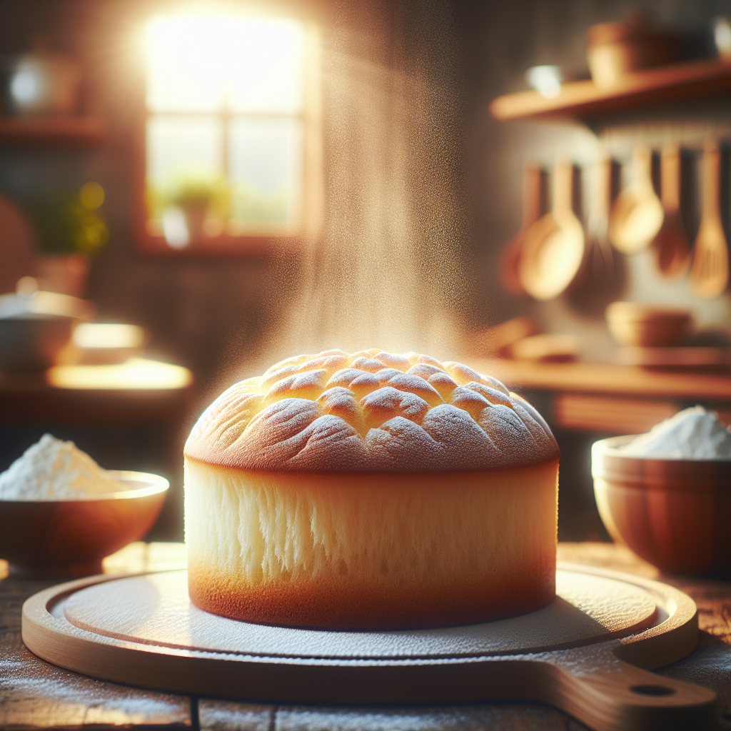 A close-up view of a fluffy, freshly baked cake revealing its light and airy interior, showcasing the chemical reaction of baking soda as it beautifully rises. The scene is set in a modern kitchen, with soft focus on wooden countertops and baking tools in the background, suggesting a warm, inviting atmosphere. Bright, natural light streams in, highlighting the cake’s texture, while a dusting of flour and a small bowl of baking soda adds realistic context to the culinary environment.