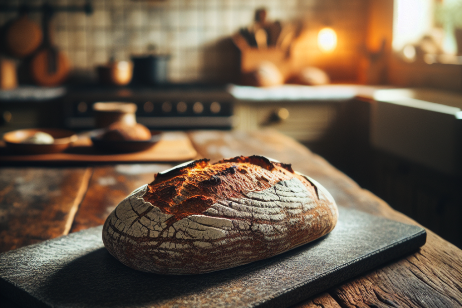 A rustic baking stone centered on a wooden countertop, with a freshly baked artisan loaf resting on its surface, steam gently rising. Soft, warm lighting filters through a nearby window, highlighting the stone's textured surface and the bread's golden crust, while the background kitchen fades into a cozy blur.