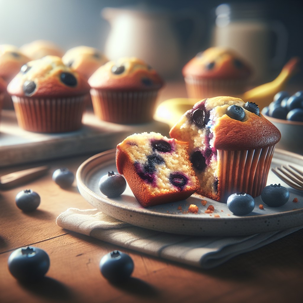 A beautifully arranged plate of warm, freshly baked banana blueberry muffins, with one muffin sliced open to reveal its moist, colorful interior speckled with plump blueberries. The scene is set in a cozy home kitchen, with an out-of-focus wooden counter and soft, natural light filtering through a nearby window, casting gentle shadows that enhance the textures of the muffins. A few scattered blueberries and a banana slice add a touch of freshness, creating an inviting and delicious atmosphere.