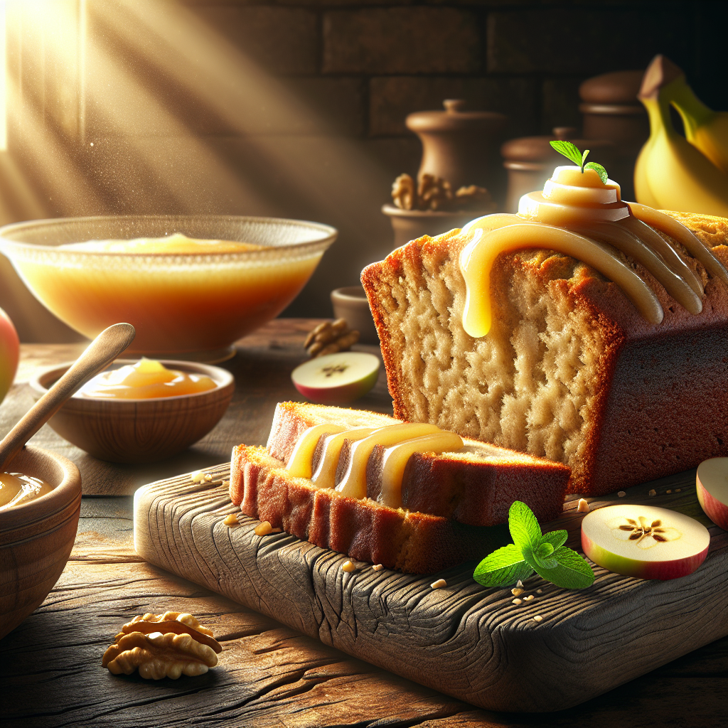 A freshly sliced serving of moist Banana Bread with a generous dollop of smooth, homemade apple sauce sits prominently on a rustic wooden cutting board. The softly blurred background features a warm, inviting kitchen with light streaming through a window, enhancing the rich golden-brown textures of the bread. The scene is beautifully lit, creating a cozy atmosphere that highlights the delicate crumbs and the glossy sheen of the apple sauce, while a few scattered walnuts and a sprig of mint add a touch of color and freshness.