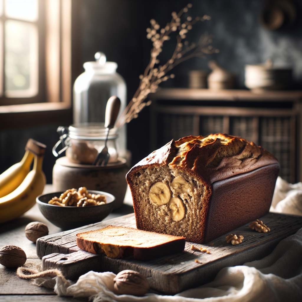 A freshly baked loaf of banana bread, sliced to reveal its moist, tender interior, is elegantly placed on a rustic wooden cutting board. In the softly blurred background, a cozy home kitchen scene unfolds, with warm sunlight streaming through a nearby window and highlighting the rich golden-brown crust of the bread. Delicate sprigs of ripe bananas and a scattering of chopped walnuts accompany the bread, enhancing the inviting atmosphere with their natural textures and colors.