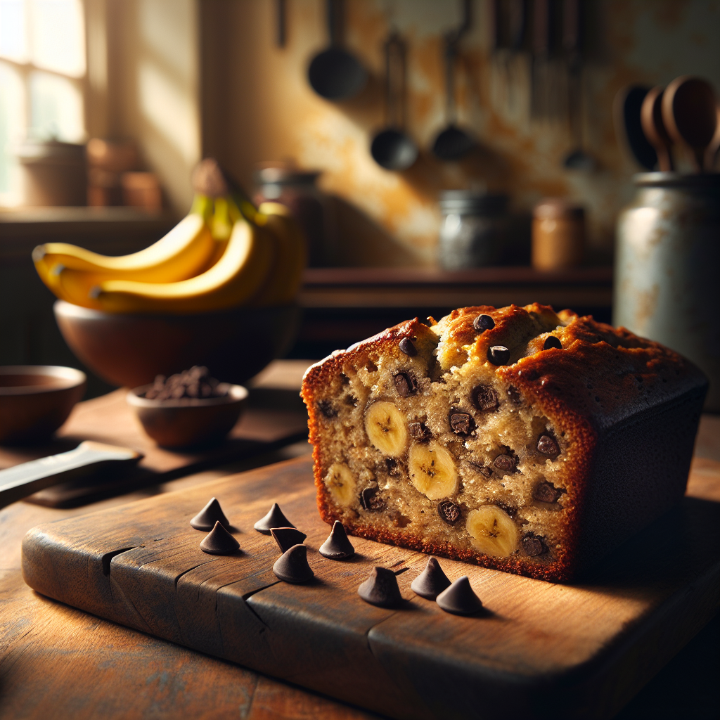 A luscious slice of Banana Chocolate Chip Cake rests on a rustic wooden cutting board, revealing its moist interior marbled with rich chocolate chips. The background features a softly blurred, warm-toned kitchen, with vintage utensils and a bowl of ripe bananas subtly placed, creating an inviting atmosphere. Soft, natural light filters through a nearby window, enhancing the cake's golden-brown crust and highlighting the textures, while gentle shadows add depth to the scene.