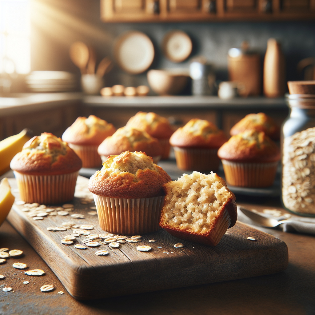 A close-up of freshly baked Banana Oat Muffins displayed on a rustic wooden cutting board, one muffin sliced to reveal its moist, speckled interior. The background features a softly blurred, cozy kitchen with warm-toned cabinets and natural light streaming in, creating a welcoming atmosphere. The scene is enhanced by subtle details such as a scattering of oats and banana slices nearby, with increased contrast and brightness highlighting the inviting textures of the muffins.