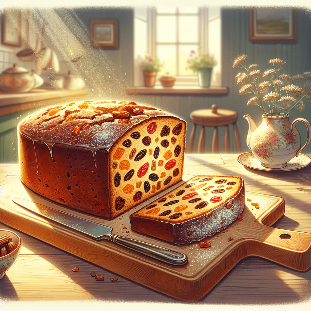 A beautifully sliced Bara Brith Welsh Cake, displaying its rich, moist texture filled with dried fruits and spices, sits on an elegant wooden cutting board. In the softly blurred background, a cozy home kitchen can be glimpsed, with sunlight streaming in through a window, casting a warm glow over the scene. Shadows dance gently, highlighting the cake's glossy surface, adorned with a dusting of powdered sugar, while a vintage tea set and a small vase of wildflowers add charming detail to the inviting atmosphere.