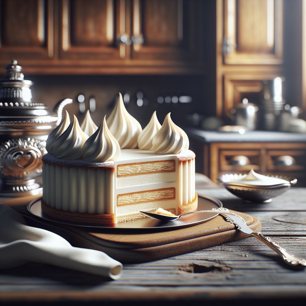 A beautifully arranged Bavarian Cake sits elegantly on a rustic wooden countertop, a slice freshly cut to reveal its creamy layers and delicate texture, with a small decorative plate beside it. The kitchen background, softly blurred, features warm wooden cabinets and stainless steel utensils, creating an inviting atmosphere. Gentle, brightened lighting enhances the cake’s glossy surface, casting subtle shadows that accentuate its decadent appeal.