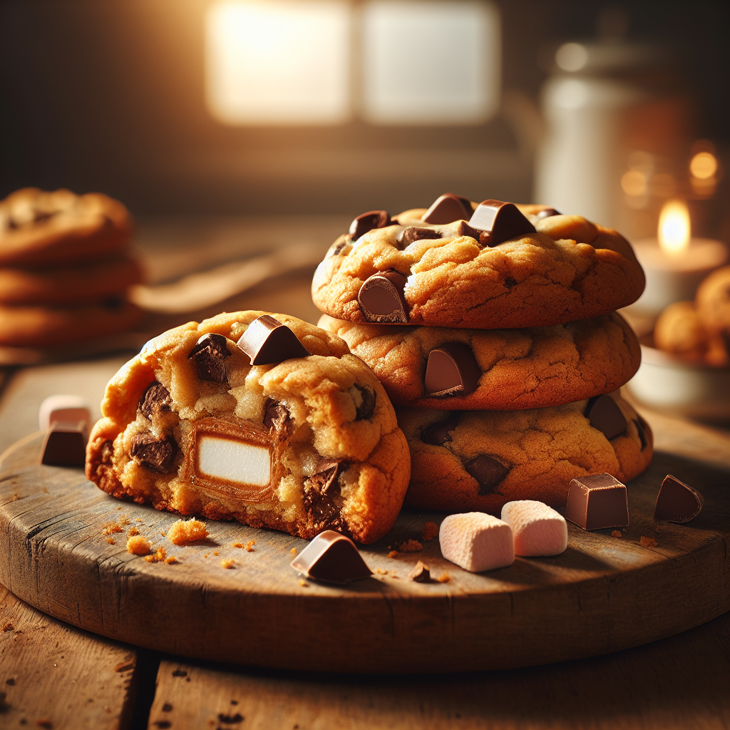 A close-up of freshly baked Bear Hug Cookies, golden-brown with a soft, chewy texture, revealing rich chocolate chips and a hint of melty marshmallow in the center. The cookies are artfully arranged on a rustic wooden cutting board, showcasing a few crumbs scattered around, while the out-of-focus background features a warm, inviting home kitchen setting. Soft, natural light filters through a nearby window, casting a gentle glow on the scene, accentuating the inviting aroma of freshly baked treats filling the air.