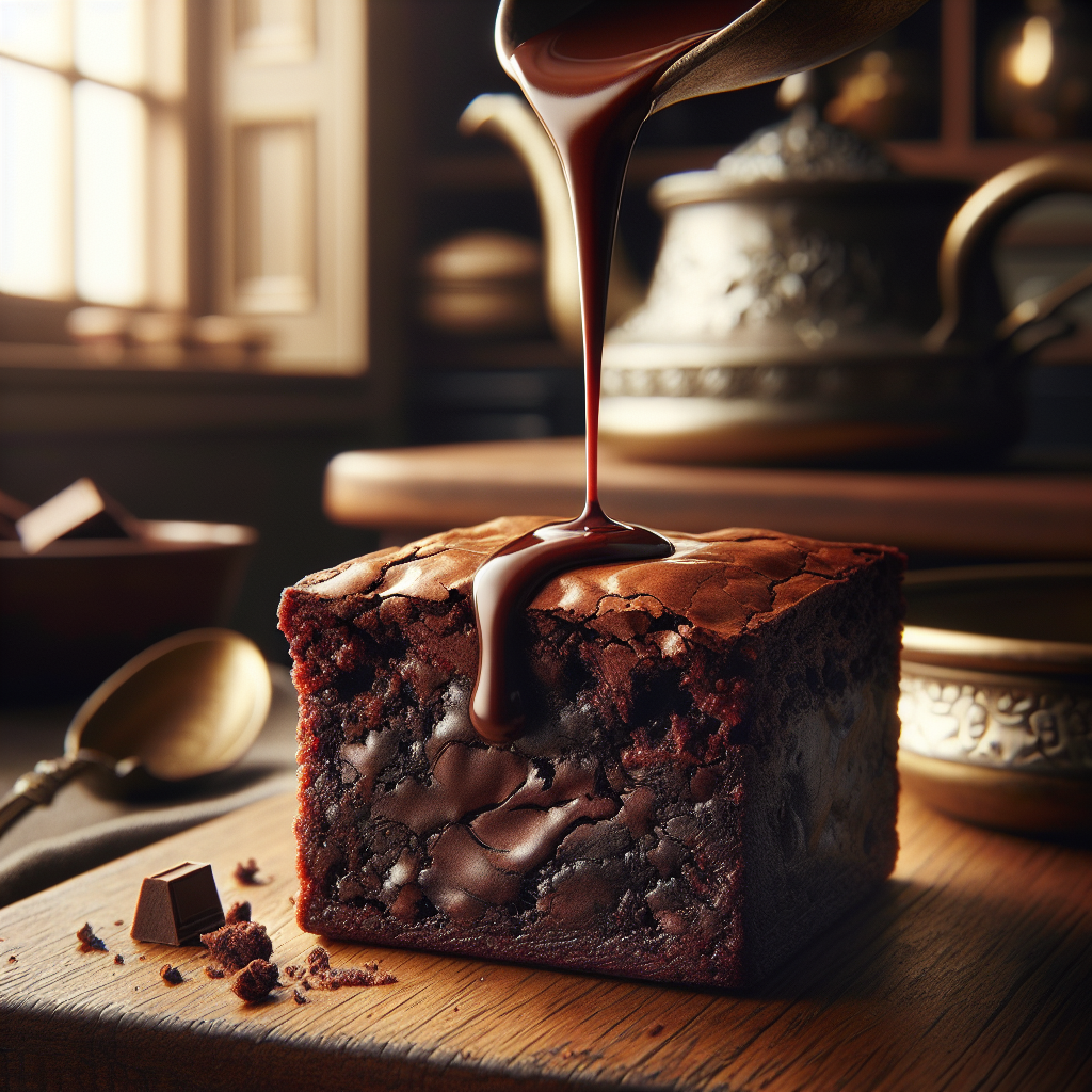 A close-up shot of a perfectly baked brownie, showcasing its rich, fudgy interior and a slightly crisp top, with a decadent drizzle of melted chocolate cascading over the side. The scene is set in a cozy home kitchen, with a softly blurred background of wooden countertop and vintage utensils, creating a warm and inviting atmosphere. Natural light filters in from a nearby window, highlighting the brownie’s shimmering texture and casting gentle shadows that enhance the overall realism and appeal of the composition.