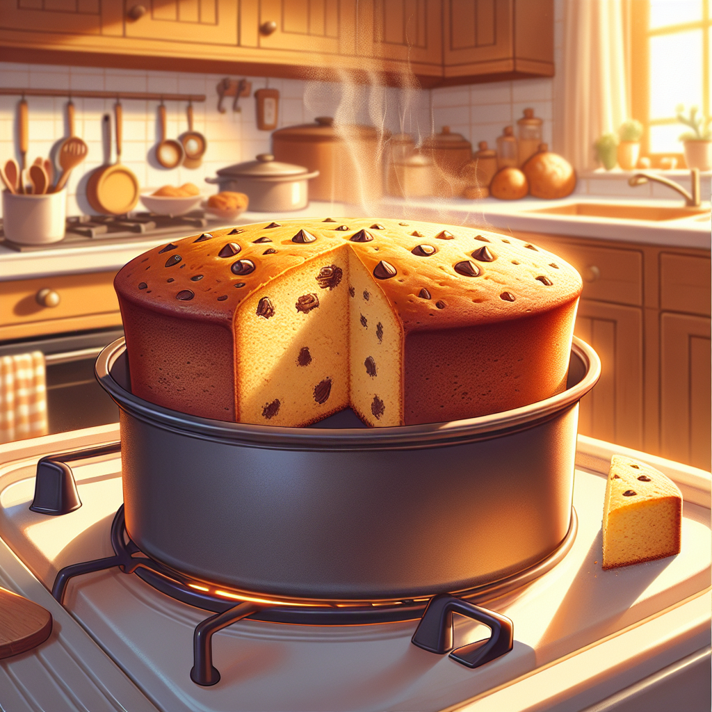 A freshly baked Biscuit Cake sits prominently in a cooker, steam gently rising from its surface as a slice is cut, showcasing its moist, fluffy interior with hints of chocolate chips. The background features a softly blurred home kitchen with warm wooden cabinets and cooking utensils, creating a cozy and inviting atmosphere. Natural light pours in from a nearby window, accentuating the cake's golden crust and the kitchen's vibrant textures, while a few scattered crumbs add a touch of realism to the scene.