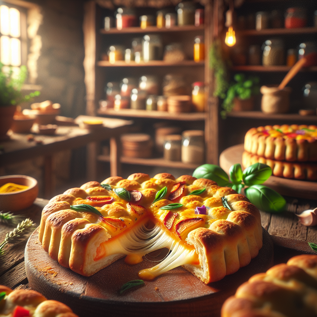 A close-up shot of freshly baked Biscuit Pizzas, with a slice elegantly pulled away to reveal the gooey cheese and vibrant toppings inside. The out-of-focus background shows a warm and inviting kitchen, with rustic wooden shelves displaying spices and fresh herbs, creating a cozy culinary atmosphere. Soft, warm lighting illuminates the pizzas, enhancing their golden-brown crust and rich colors, while a sprinkle of fresh basil adds a touch of freshness to the scene.