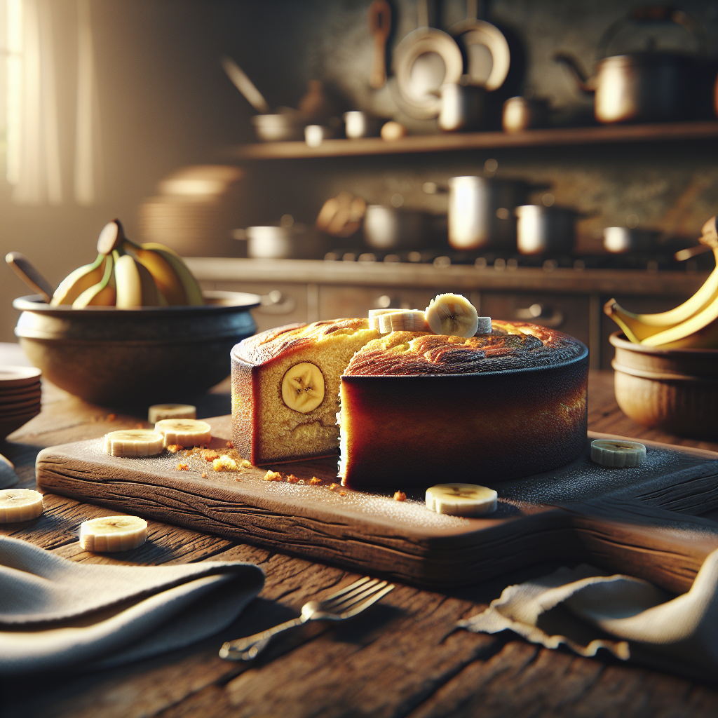 A beautifully sliced Brazilian Banana Cake, showcasing its moist, golden interior and rich banana flavor, placed invitingly on a rustic wooden cutting board. The scene is set in a cozy home kitchen, with blurred pots, pans, and warm cabinetry in the background, softly illuminated by natural morning light filtering through a nearby window. A few scattered banana slices and a dusting of powdered sugar accentuate the cake, creating an inviting and homely atmosphere.