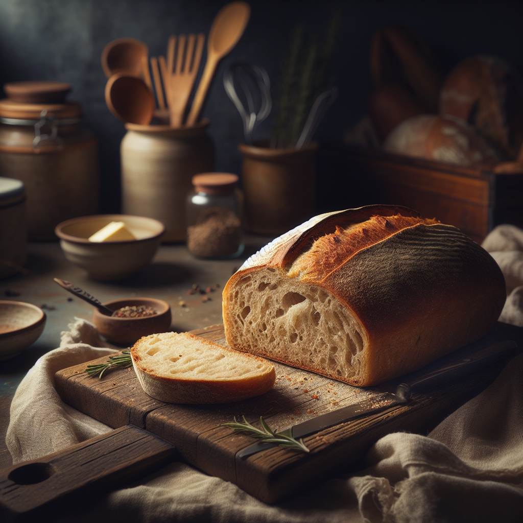 A freshly baked, golden-brown loaf of artisanal bread sits on a rustic wooden cutting board, a slice cut to reveal its airy, soft interior. The background features a softly blurred home kitchen, hinting at various baking tools and ingredients scattered gently, with warm, inviting lighting casting a slight glow that enhances the textures of the bread and board. The scene is imbued with a cozy, homemade feel, accented by a few sprigs of rosemary and a ceramic butter dish nearby, creating an appetizing presentation.