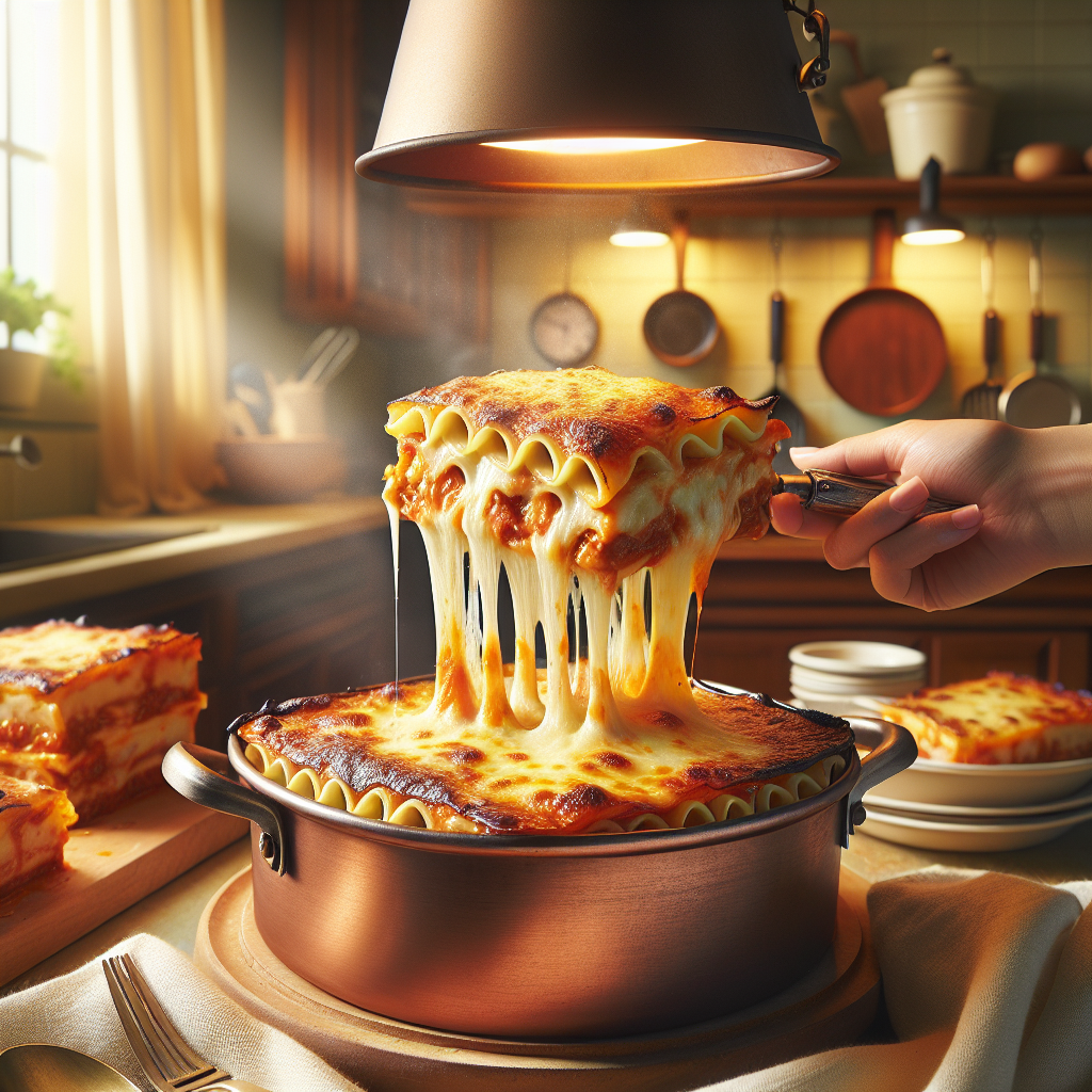 A close-up of freshly baked, golden-brown lasagna emerging from a bucket oven, with melted cheese bubbling on top and layers of rich tomato sauce and perfectly cooked pasta visible in a sliced serving. The kitchen background is softly blurred, revealing warm wooden cabinetry and stylish cookware, creating a cozy home atmosphere. Soft, natural light streams in from a nearby window, illuminating the textures of the dish and enhancing the inviting warmth of the scene.