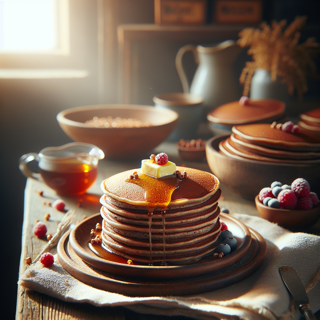 A close-up of fluffy buckwheat pancakes stacked high on a rustic wooden plate, with a pat of melting butter slowly oozing down the sides and a drizzle of golden maple syrup glistening on top. The background features a softly blurred kitchen with warm, inviting tones, where sunlight filters through a window, casting a gentle glow over the scene. Add a side of fresh berries and a sprinkle of powdered sugar to enhance the appetizing allure, creating a cozy and inviting breakfast atmosphere.