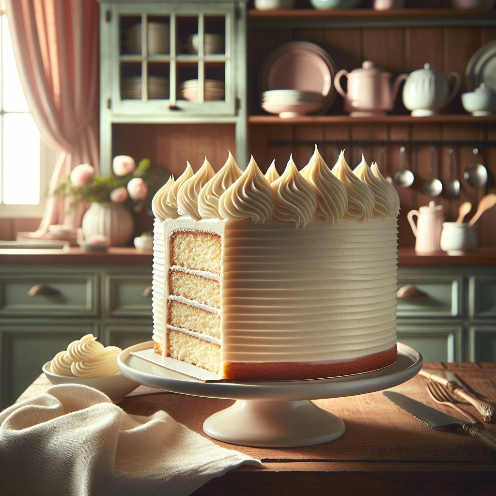 A close-up of a beautifully frosted slice of vanilla buttercream cake, showcasing its smooth texture and delicate layers. The background features a softly blurred rustic home kitchen, with wooden cabinets and pastel-colored utensils, creating a warm and inviting atmosphere. Soft, natural light filters in through a nearby window, enhancing the richness of the buttercream while casting gentle shadows that highlight the cake's details.