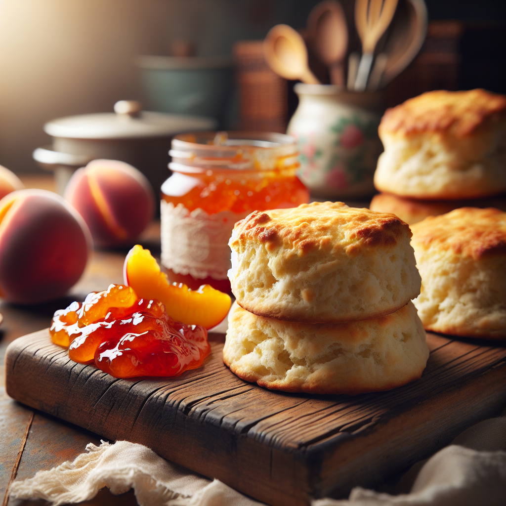 A close-up of freshly baked buttermilk biscuits, golden and flaky, served on a rustic wooden board, with a generous dollop of vibrant peach preserves spilling over the side, capturing the fluffy interior texture. In the softly blurred background, a warmly lit home kitchen with vintage utensils and fresh peaches can be seen, creating a cozy atmosphere. The scene is illuminated by gentle, natural light, enhancing the delicious details and inviting warmth of the setting.