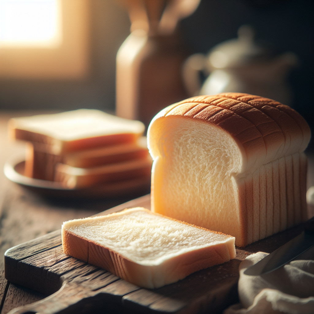 A close-up of freshly sliced cassava sandwich bread, its moist and fluffy interior displayed with a golden crust, resting on a rustic wooden cutting board. The background softly blurs to emphasize the bread, with hints of a cozy kitchen setting featuring blurred kitchen utensils and a hint of sunlight streaming through a window. The warm lighting accentuates the textures of the bread, creating an inviting atmosphere for home-cooked meals.