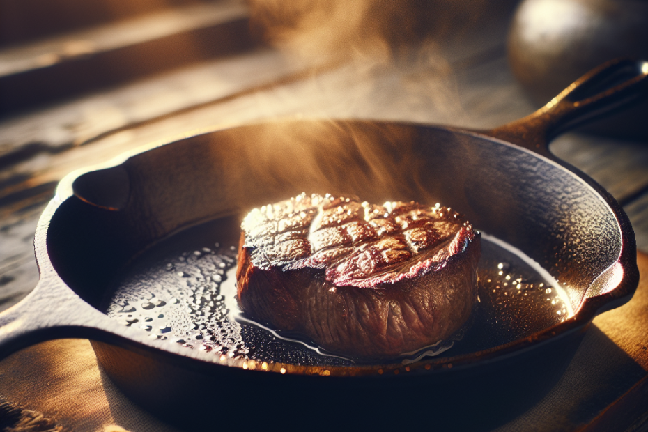 A well-seasoned cast iron skillet sizzling with a perfectly seared steak, steam rising, on a rustic wooden countertop. Warm, golden light from a nearby window illuminates the scene, highlighting the skillet's gleaming surface and creating a cozy kitchen atmosphere.