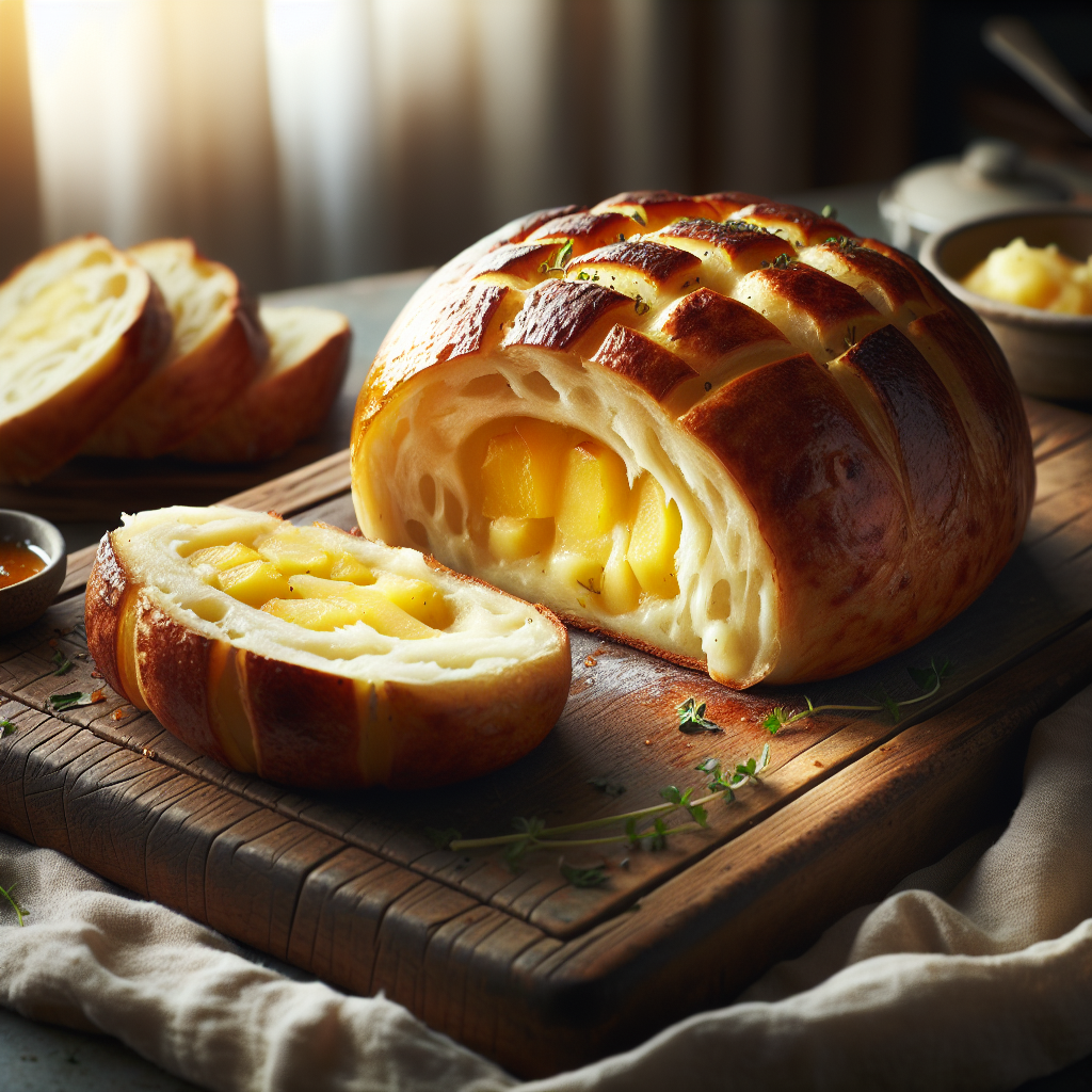 A freshly baked Cheese Bread Potato sitting on a rustic wooden cutting board, with a slice cut out to reveal the gooey, melty cheese and soft, fluffy potato interior. The background is a softly blurred modern kitchen, emphasizing the bread as the focal point, while warm, inviting light streams in through a window, highlighting the golden crust and rich textures. Sprinkled with fresh herbs and accompanied by a small bowl of tangy dipping sauce, the scene evokes a cozy, home-cooked feel.