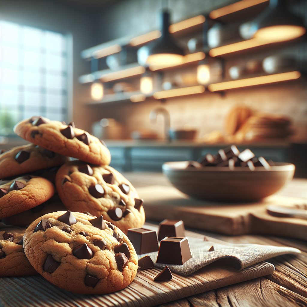 A close-up of freshly baked Chewy Chocolate Chip Cookies, slightly warm with melty chocolate chunks visible throughout, resting on a rustic wooden cutting board. The background features a softly blurred modern kitchen with hints of baking ingredients and utensils, enhancing the culinary atmosphere. Warm, natural light filters in, casting a gentle glow on the cookies, highlighting their golden edges and fluffy texture, inviting the viewer to indulge.