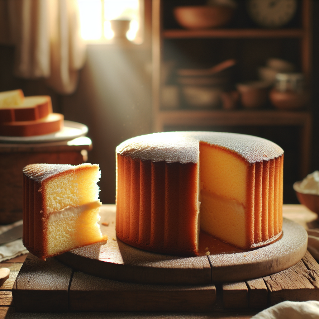 A beautifully baked chiffon cake sits prominently on a rustic wooden cutting board, a slice elegantly removed to reveal its light and airy texture, with a delicate dusting of powdered sugar on top. The background features a softly blurred, warm kitchen setting with hints of wooden shelves and assorted baking tools, creating an inviting atmosphere. Soft, natural light streams in from a nearby window, enhancing the cake's delightful golden hue and accentuating the subtle details of the frosting and fluffy layers.