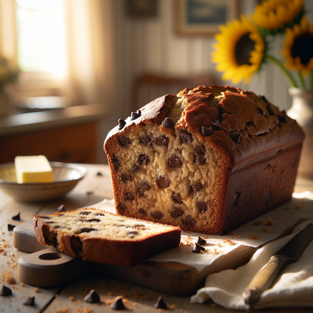 A freshly baked Chocolate Chip Banana Bread, beautifully sliced to showcase its moist interior with melting chocolate chips glistening in the light. The warm, inviting kitchen background is softly out of focus, hinting at rustic wooden cabinets and a sunflower vase on the counter. Soft, natural light streams in from a nearby window, casting gentle shadows and enhancing the inviting atmosphere, while crumbs on the cutting board and a butter dish nearby add a homey touch.