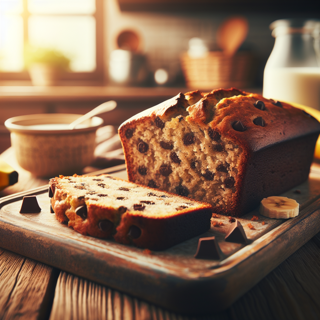 A beautifully sliced piece of warm Chocolate Chip Banana Bread sits on a rustic wooden cutting board, showcasing its moist crumb and gooey chocolate chips. The background features a softly blurred kitchen with warm, natural light filtering through a window, highlighting the inviting atmosphere of a home cooking space. Scattered around the board are a few bananas and a small glass of milk, adding a touch of homeliness and enhancing the vivid textures of the bread.