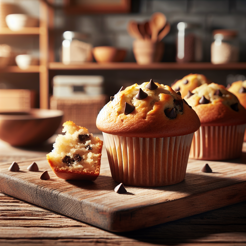 A close-up of freshly baked Chocolate Chip Banana Muffins artfully arranged on a rustic wooden cutting board, one muffin cut in half to reveal its moist, fluffy interior filled with melted chocolate chips. The kitchen background is softly blurred, showcasing shelves stocked with baking ingredients and warm, inviting decor. Natural light streams through a nearby window, illuminating the muffins and creating a cozy atmosphere with gentle shadows that enhance the textures of the baked goods.