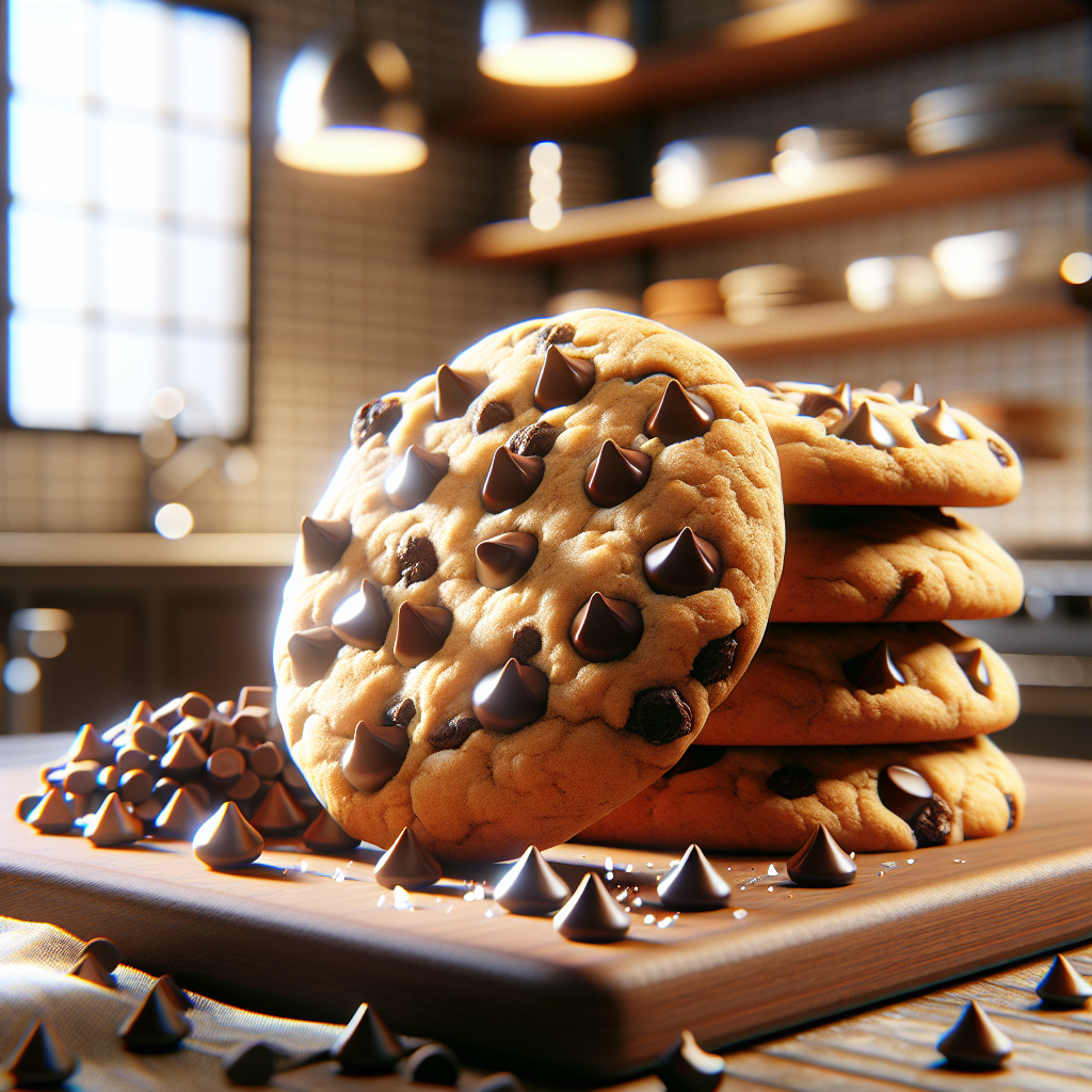 A freshly baked chocolate chip cookie, perfectly golden brown with gooey, melted chocolate chips oozing from the center, placed on a warm wooden cutting board, partially sliced to reveal its soft, chewy inside. The background features a softly blurred modern kitchen setting, with hints of stainless steel appliances and shelves lined with baking ingredients, creating an inviting atmosphere. Soft, natural light streams in from a nearby window, highlighting the cookie's texture and enhancing the warm tones, while a few chocolate chips and a sprinkle of sea salt rest nearby for added realism.