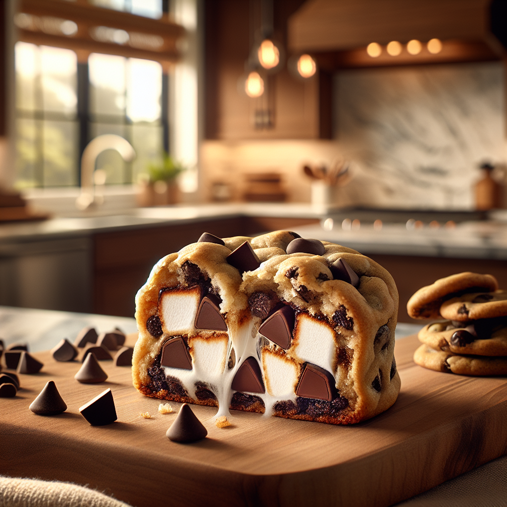 Close-up shot of freshly baked Chocolate Chip S'mookies, showcasing their gooey marshmallow center and melty chocolate chips, perfectly sliced to reveal the warm, inviting filling. The background features a softly blurred modern kitchen with warm wooden cabinets and subtle granite countertops, creating a cozy and inviting atmosphere. Soft natural light streams in from a nearby window, enhancing the textures and golden-brown hues of the S'mookies, while a few scattered chocolate chips and graham cracker crumbs on the countertop add a touch of authentic detail.