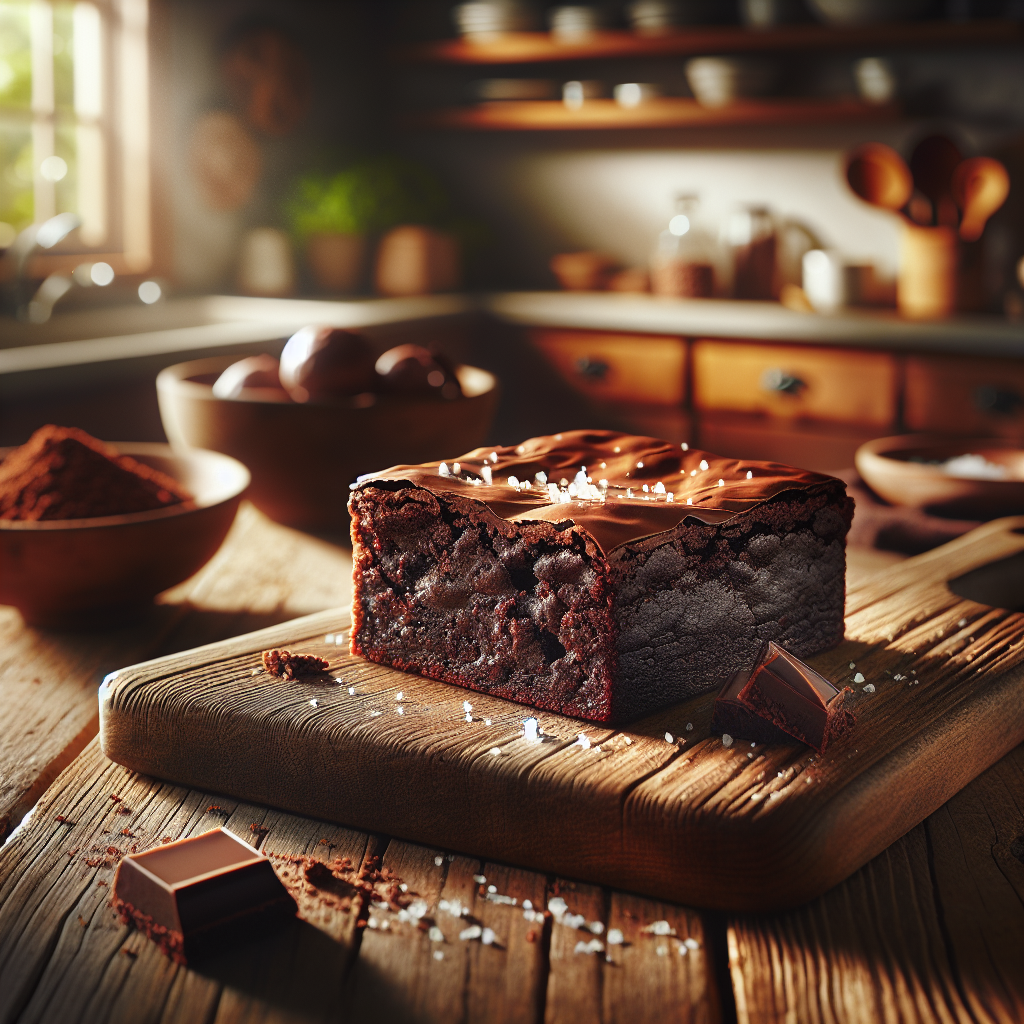 A rich, gooey chocolate fudge brownie, freshly cut and sitting on a rustic wooden cutting board, showcasing its melty center and shiny top crust. In a softly blurred kitchen setting with warm wooden cabinets and scattered baking utensils, the scene is illuminated by natural light streaming in from a nearby window, creating an inviting and cozy atmosphere. The aroma of chocolate fills the air, enhanced by delicate hints of sea salt flakes sprinkled on top, inviting you to indulge in this decadent treat.