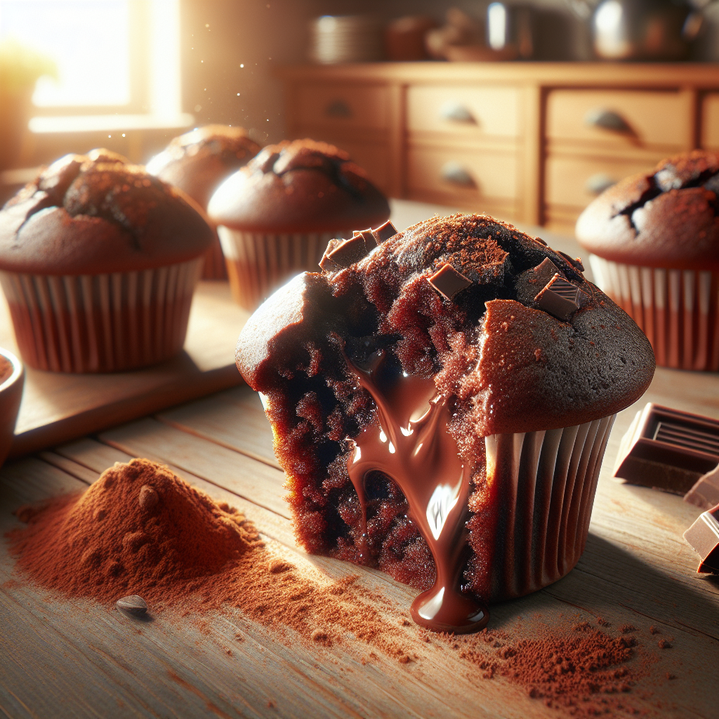 A close-up of freshly baked chocolate muffins, with one sliced open to reveal a gooey, melty center, showcasing their rich, moist texture. The scene is set in a warm, inviting home kitchen with soft, out-of-focus background elements like wooden cabinets and a rustic dining table. The natural sunlight streams through a nearby window, illuminating the muffins and enhancing their glossy surface, with scattered cocoa powder and a few chocolate chips adding visual interest around them.